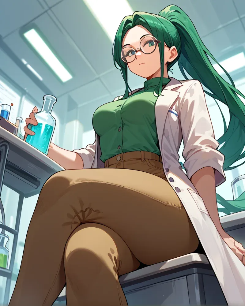 研究室で試験管を手にする緑髪の女性キャラクター(アニメ)
