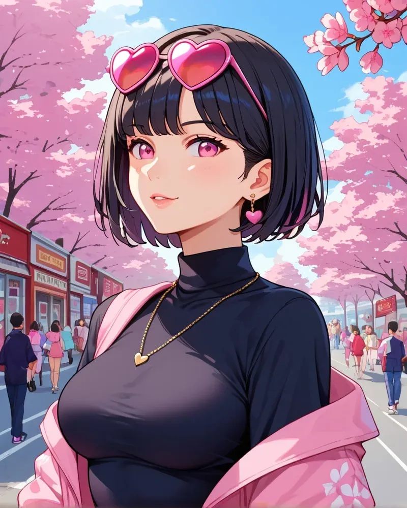桜並木の街を歩くボブヘアの女性キャラクター(アニメ)